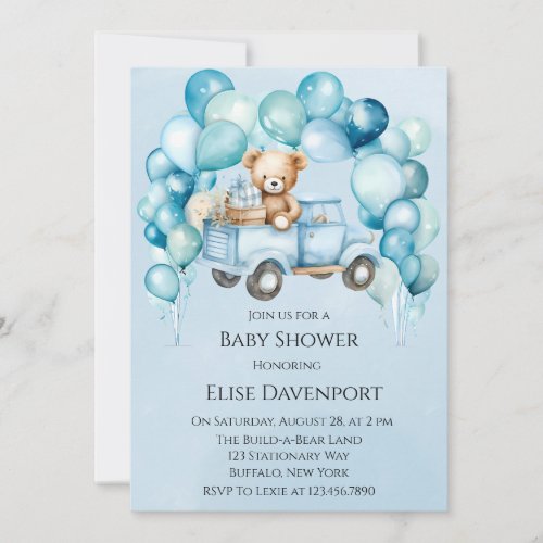 Teddy Bear Blue Vintage Truck Boy Baby Shower Invitation