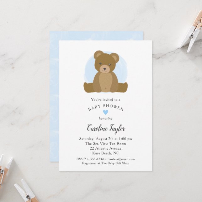 Teddy Bear Blue Watercolor Baby Boy Shower Invitation (Front/Back In Situ)