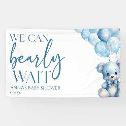 Teddy Bear Blue We Can Bearly Wait Baby Shower Banner