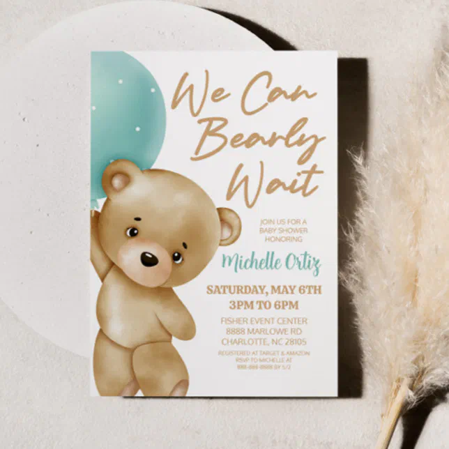 Teddy Bear Blue We Can Bearly Wait Baby Shower Invitation | Zazzle