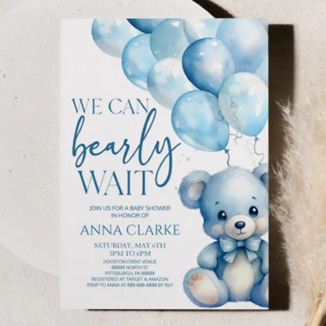 Teddy Bear Blue We Can Bearly Wait Baby Shower Invitation | Zazzle