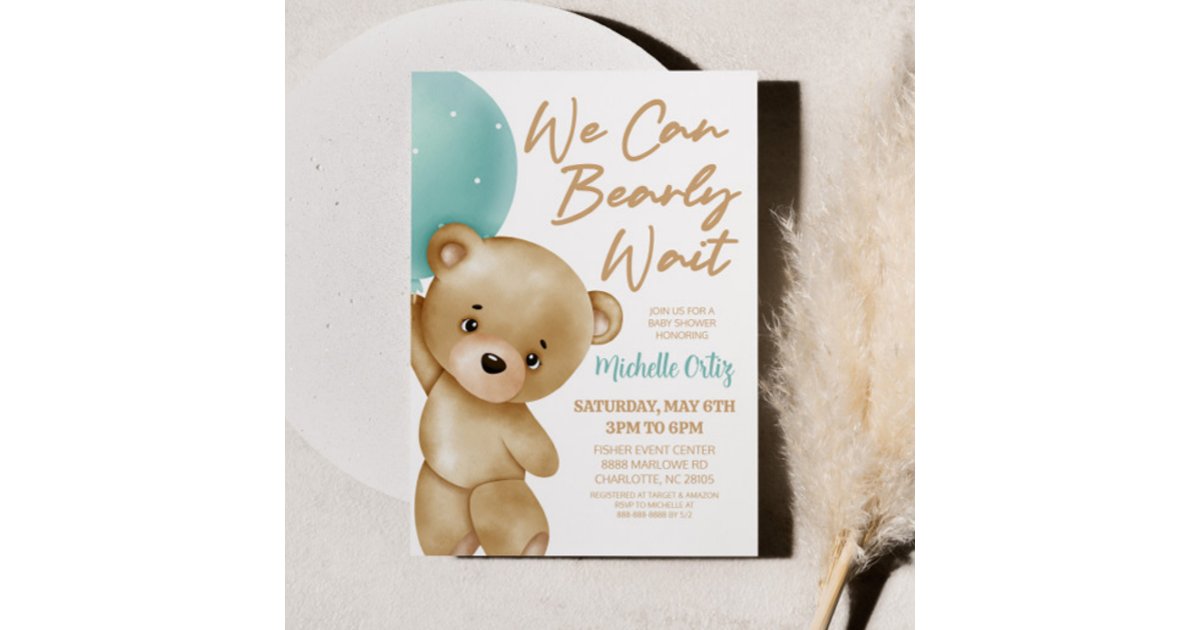 Teddy Bear Blue We Can Bearly Wait Baby Shower Invitation | Zazzle
