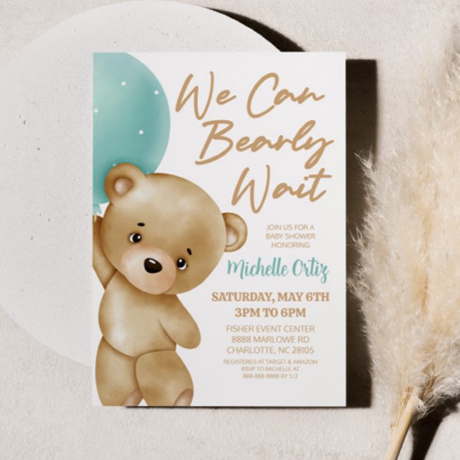 Teddy Bear Blue We Can Bearly Wait Baby Shower Invitation (Creator Uploaded)