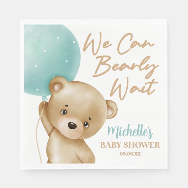Teddy Bear Blue We Can Bearly Wait Baby Shower Napkins (Front)