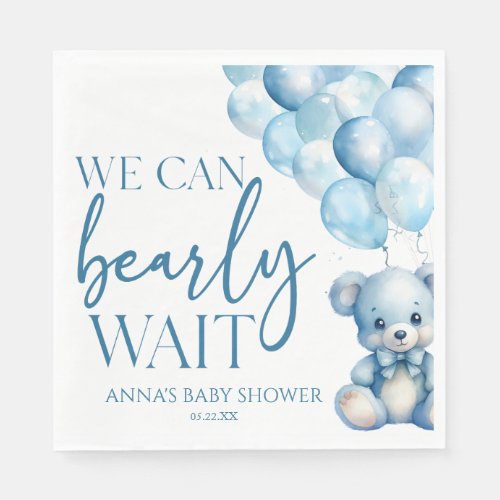 Teddy Bear Blue We Can Bearly Wait Baby Shower Napkins