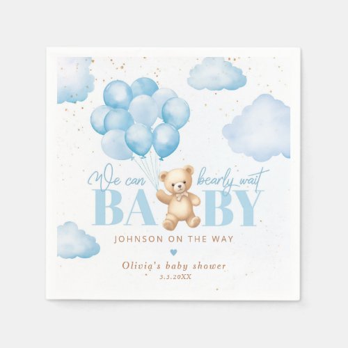 Teddy bear blue we can bearly wait baby shower napkins