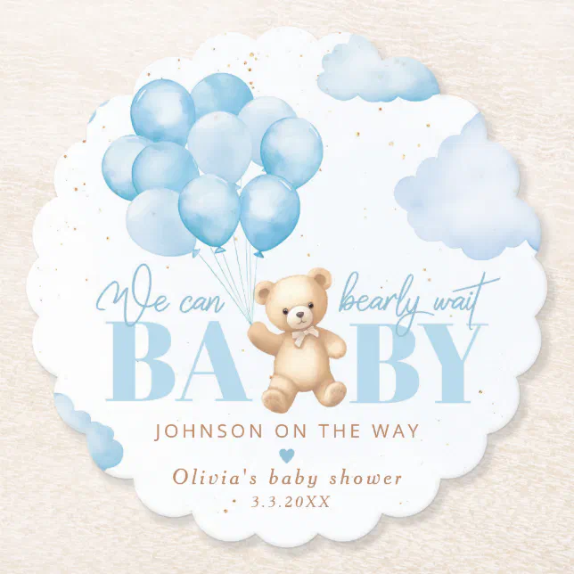 Teddy bear blue we can bearly wait baby shower paper coaster | Zazzle