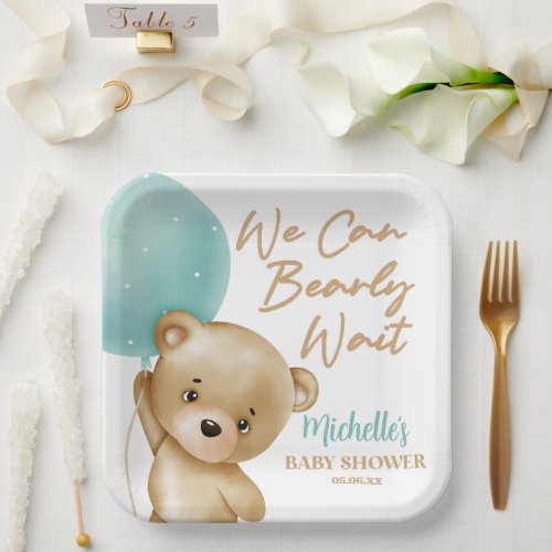 Teddy Bear Blue We Can Bearly Wait Baby Shower Paper Plates