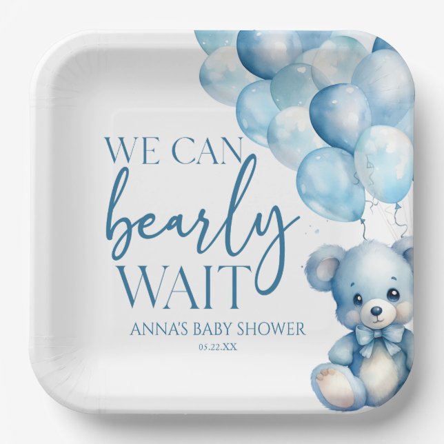 Teddy Bear Blue We Can Bearly Wait Baby Shower Paper Plates (Front)