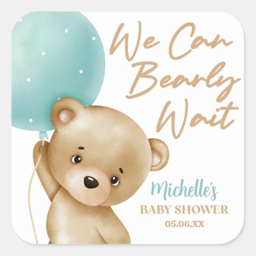 Teddy Bear Blue We Can Bearly Wait Baby Shower Square Sticker