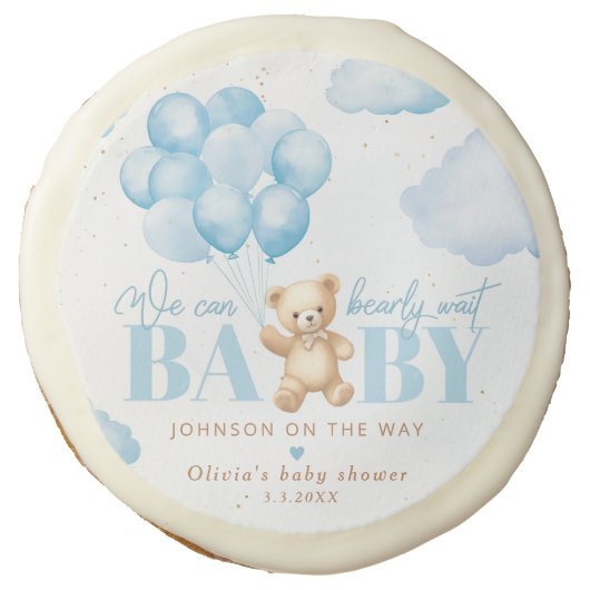 Teddy bear blue we can bearly wait baby shower sugar cookie (Front)