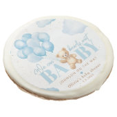 Teddy bear blue we can bearly wait baby shower sugar cookie (Angled)