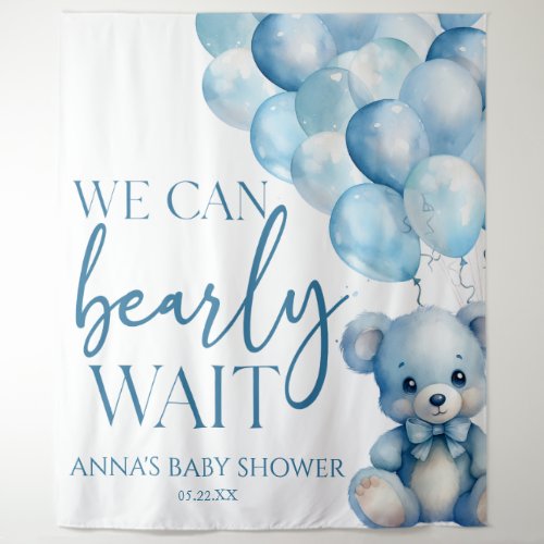 Teddy Bear Blue We Can Bearly Wait Baby Shower Tapestry
