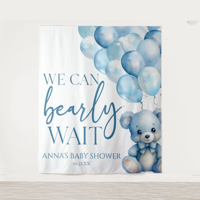 Teddy Bear Blue We Can Bearly Wait Baby Shower Tapestry (Front)