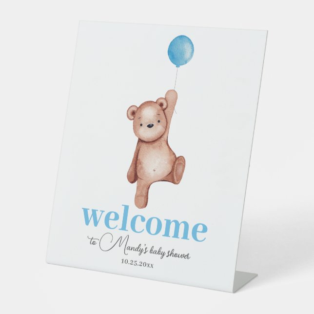 Teddy Bear Blue Welcome Pedestal Sign (Front)