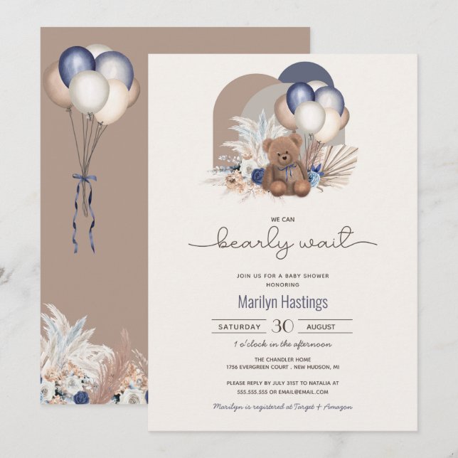 Teddy Bear & Blue White Balloons Boho Baby Shower  Invitation (Front/Back)