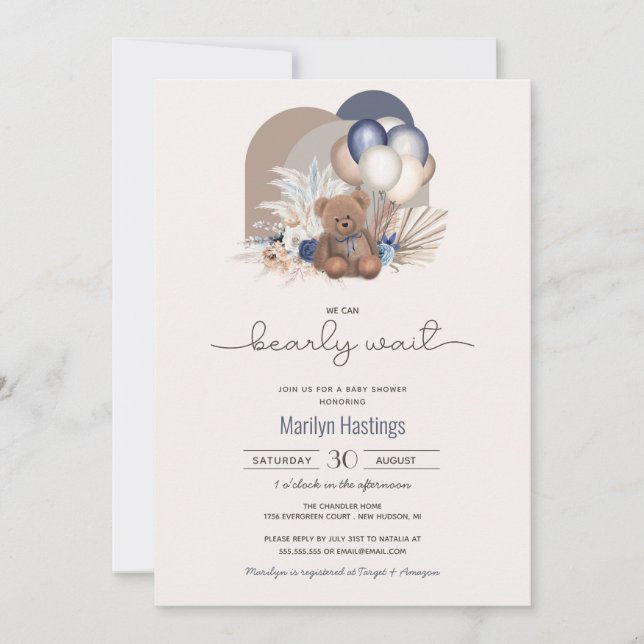 Teddy Bear & Blue White Balloons Boho Baby Shower  Invitation (Front)