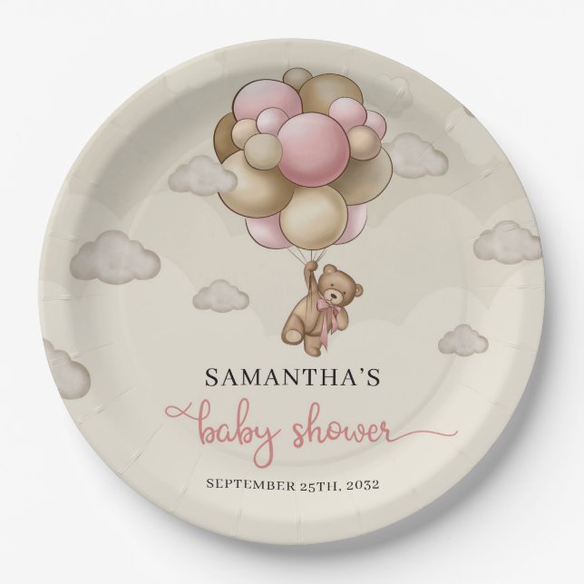 Teddy bear blush brown ivory balloons baby shower paper plates (Front)