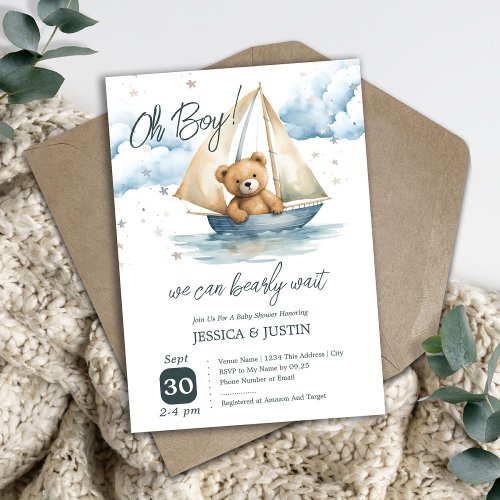 Teddy Bear Boat Baby Shower Invitation