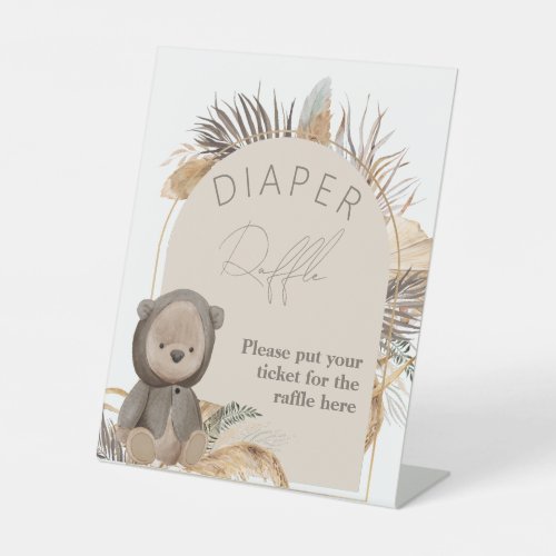 Teddy Bear Boho Baby Shower Diaper Raffle Pedestal Sign