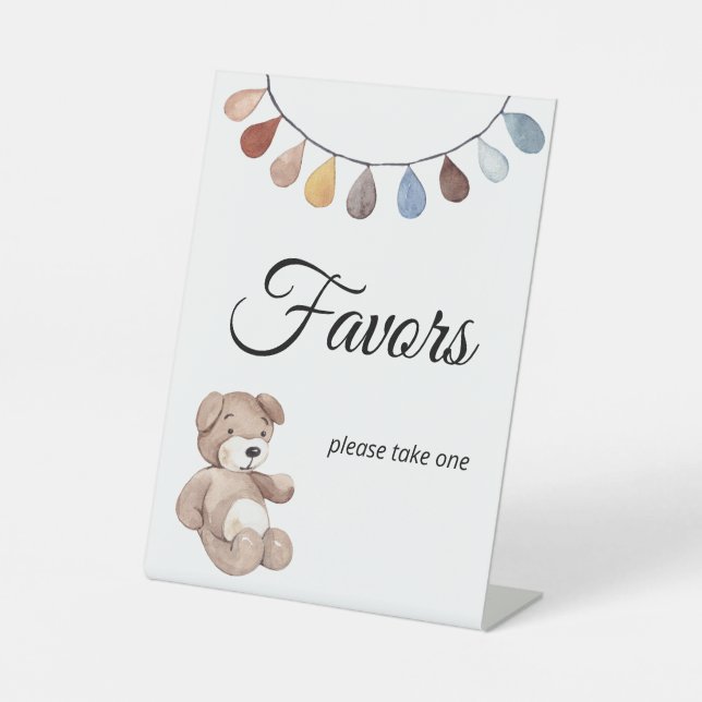 Teddy Bear Boho Baby Shower Favor Tablescape Pedestal Sign (Front)
