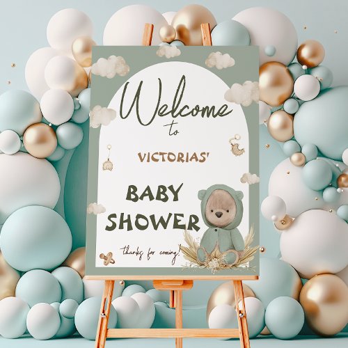 Teddy Bear Boho Baby Shower Welcome Sign Green