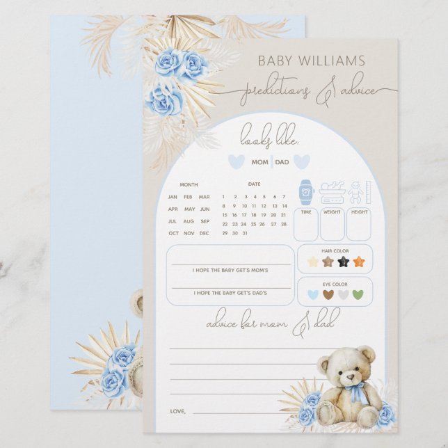 Teddy Bear Boho Blue Baby Shower Prediction Game (Front/Back)