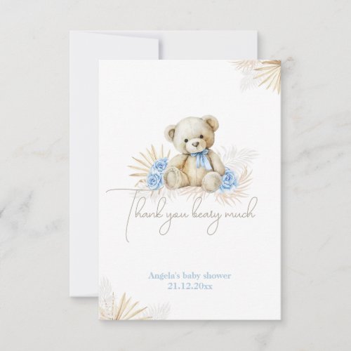 Teddy Bear Boho Blue Boy Baby Shower Thank You Card