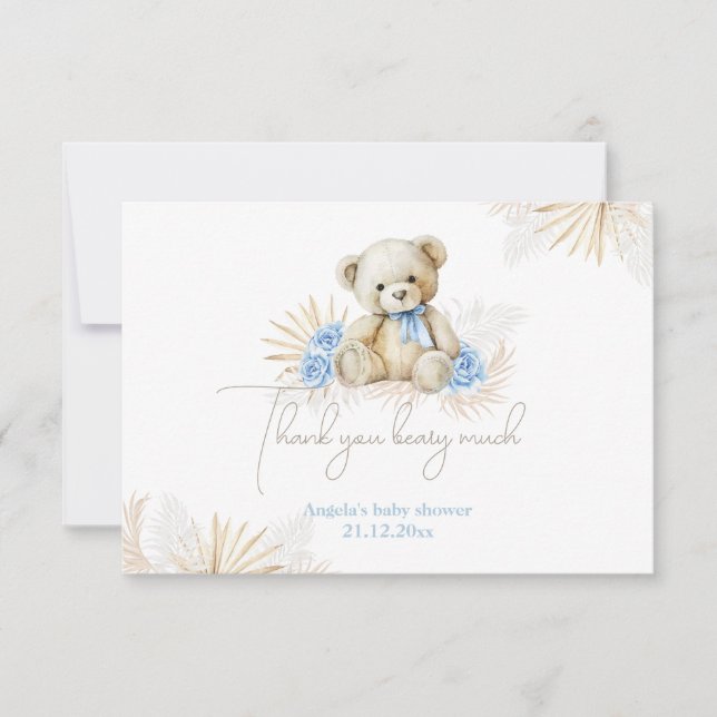 Teddy Bear Boho Blue Boy Baby Shower Thank You Card (Front)