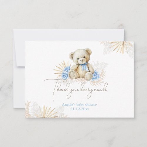 Teddy Bear Boho Blue Boy Baby Shower Thank You Card