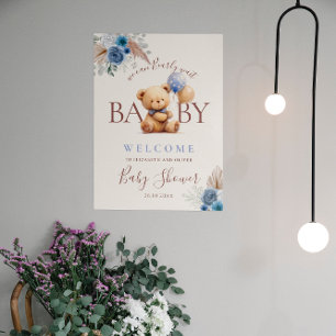 Teddy Bear Boho Blue Rose Balloon Baby Shower Poster