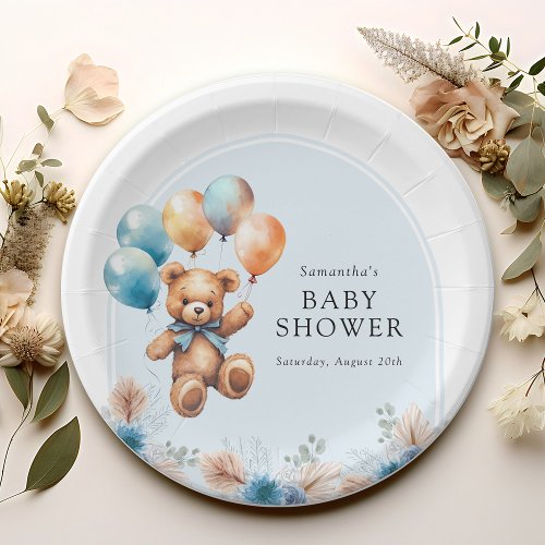 Teddy Bear Boho Boy Baby Shower Paper Plates
