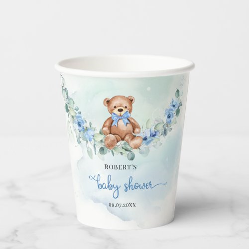 Teddy bear boho dusty blue floral eucalyptus paper cups