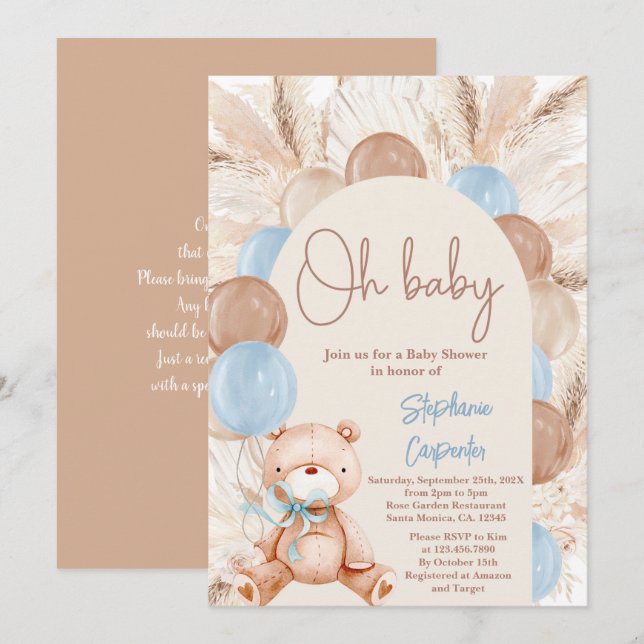 Teddy Bear Boho Pampas Baby shower Boy Invitation (Front/Back)