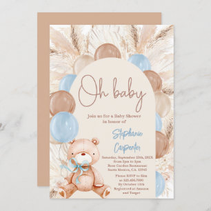 Teddy Bear Boho Pampas Baby shower Boy Invitation