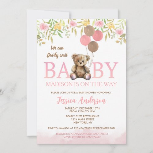 Teddy Bear Boho Pink Girl baby shower invitations