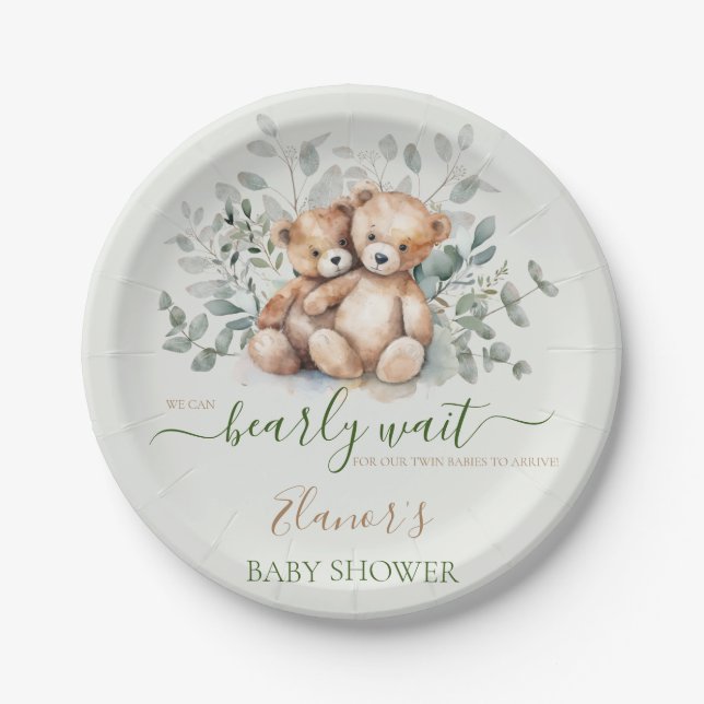 Teddy Bear Boho Twins Gender Neutral Baby Shower Paper Plates (Front)