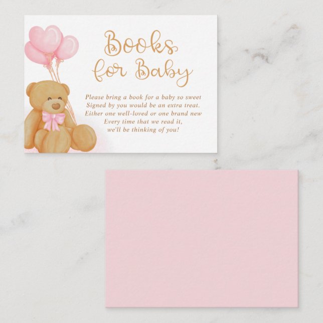 Teddy Bear BOOKS FOR BABY Request Pink Balloons Enclosure Card (Front/Back)