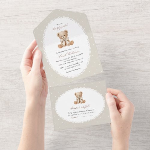Teddy Bear, Bow, Beige Polka Dots, Baby Shower All In One Invitation