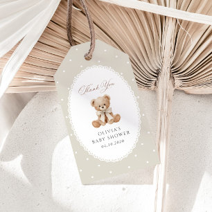 Teddy Bear, Bow, Beige Polka Dots, Baby Shower Gift Tags