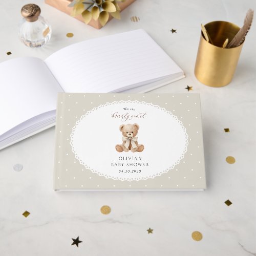 Teddy Bear, Bow, Beige Polka Dots, Baby Shower Guest Book