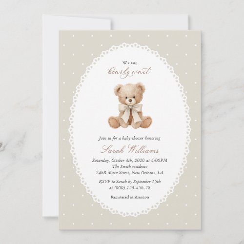 Teddy Bear, Bow, Beige Polka Dots, Baby Shower Invitation