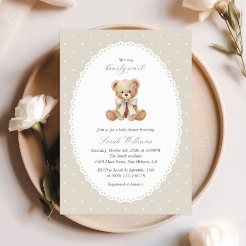 Teddy Bear, Bow, Beige Polka Dots, Baby Shower Invitation