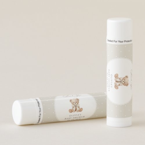 Teddy Bear, Bow, Beige Polka Dots, Baby Shower Lip Balm