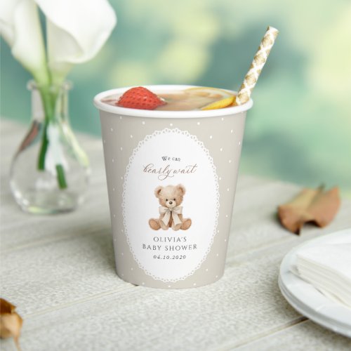 Teddy Bear, Bow, Beige Polka Dots, Baby Shower Paper Cups