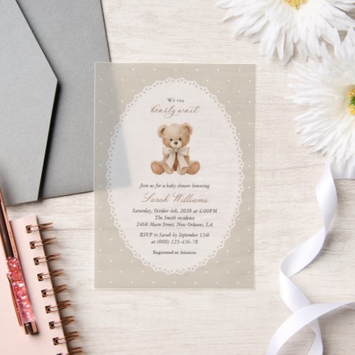Teddy Bear, Bow, Beige Polka Dots, Baby Shower Vellum Invitations