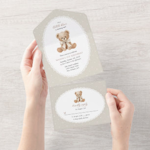 Teddy Bear, Bow, Beige Polka Dots, First Birthday All In One Invitation