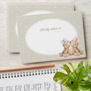 Teddy Bear, Bow, Beige Polka Dots, Gender Reveal Envelope