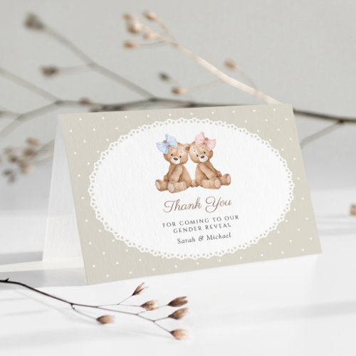 Teddy Bear, Bow, Beige Polka Dots, Gender Reveal Thank You Card