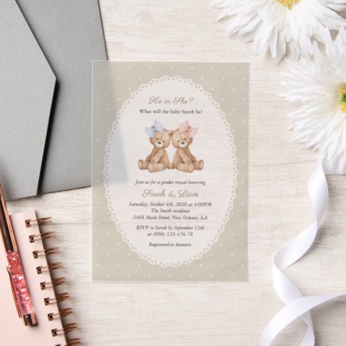 Teddy Bear, Bow, Beige Polka Dots, Gender Reveal Vellum Invitations